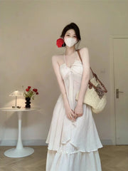 Hnewly White 2 Piece Dress Sets Summer French Romance Elegant Halter Blouse + Sweet Skirts Fairy Style Beach Party Aesthetic