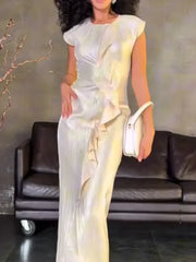 Hnewly Solid Color Ruffle Split Women Maxi Dress Chic O-neck Short Sleeve High Waist Slim Dresses Lady Summer Daily Party Vestidos