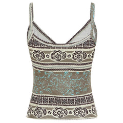 Hnewly Retro Print V-neck Camis Summer Holiday Graphic Sleeveless Skinny Crop Top Women Casual Vintage y2k Tees Streetwear Basic