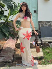 Hnewly Beach Party 2-Piece Set Women Y2K Halter 3d Flowers Bra+Flower Print Mesh Lace-Up Skirts Matching Summer Trend Suit