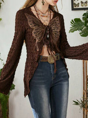 Hnewly Lace Butterfly Patchwork Cardigan Top for Women Y2K Aesthetics Brown Bandage Long Sleeve T Shirts Grunge Fairycore