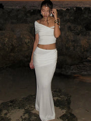 Hnewly Elegant Fashion 2 Piece Set Women Irregular Skew Collar Backless Crop Top+Ruched Skirts Summer Trend Beach Style Suit