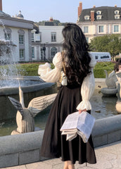 Hnewly Spring Autumn Women Elegant Blouse+dress 2 Piece Set Office Lady High Waist Vintage Midi Dress French Slim New Casual Dress
