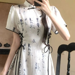 Hnewly Print Long Dresses Spring Summer Chinese Style Vintage Woman Dress Elegant Bandage A-line Vestidos Para Mujer