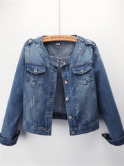 Hnewly Spring Autumn Denim Jacket 2025 New Women Versatile Long Sleeved Round Neck Outwear Large Size Slim Fit Short Top Trendy