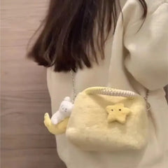 Hnewly Japanese Sweet Cute Plush Handbag Women Soft Elegant Multi Function Shoulder Bag Ladies Small Capacity Casual Crossbody Bag Chic