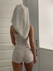 Hnewly Heart Print Ribbed 2 Piece Set Women Casual Simple Tank Tops+Skinny Shorts Daily Fashion Trend Stretch Basic Outfits