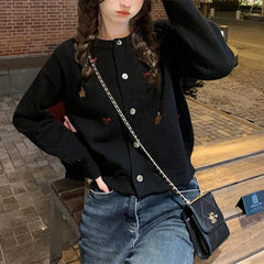 Hnewly Cartoon Embroidery Cardigans Woman Spring Autumn Concise Single Breasted Long Sleeve Sweater Women O-Neck Short Coat Mujer