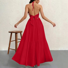Hnewly Ladies' Korean Style Temperment Sexy High Waist Maxi Sling Dress Chic Solid Color V-neck Beach Pleated Long A-line Skirt