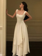 Hnewly Elegant Women White Spaghetti Strap Midi Dress French Ruffles Slim Waist A-line Pleated Vestidos Vintage Evening Party Robe