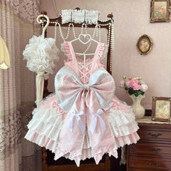 Hnewly Lolita Large Size Dresses Set JSK Girl's Woman's Slim Fit Elegant Sweet Bow Lace Stitching Dress Princess Birthday Party Dress