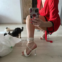 Lunivop New Women's Two-Way Wear Woven High Heel Sandals Thin Heel Large Size 41-43 Slip-On Comfortable Breathable Summer Shoes