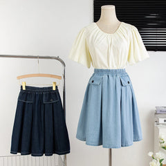 Hnewly M-5XL Oversize Denim Skirt Women's New Elastic High Waisted A-line Loose Fit Retro Knee-length Skirt with Built-in Safety Shorts