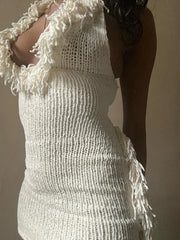 Hnewly Crochet Halter Dress Women Low-Neck Bandage Backless Stretch Tassel Skinny Sleeveless Street Elegant Mini Bodycon