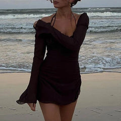 Hnewly Y2K Fairycore Mesh Halter Dress Chic Women Flare Sleeve Side Drawstring Ruched Mini Dress Elegant Lady Beach Holiday Club Party