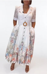 Hnewly Floral Print Short Sleeve Waist Tied Detail Shirt Dress Casual A Line Midi Dress, Short Sleeve Button - Front 