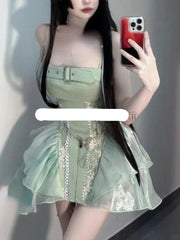 Hnewly DRESS TO IMPRESS Summer Sweet Lace Sleeveless Dress Women Ruffle Cute Skinny Backless Dresses Female Strappy Kawaii A Line Party Beach Clothing