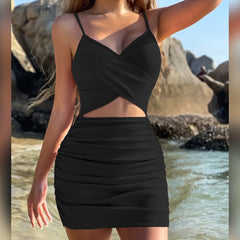 Hnewly New Style Sexy Solid Color Women's Summer Cross Strap Hollow Out Dress Nightclub Party Dress