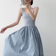 Hnewly Temperament Apricot Suspender Dress Gentle Summer Vacation Style Waist Cinched Backless Big Swing A-line Long Skirt