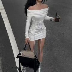Hnewly DRESS TO IMPRESS Autumn White Dresses Women Y2k Sexy Off Shoulder Fake Two Piece Solid Slim Fashion Dress Long Sleeves Lace Up Mini Dress Bodycon