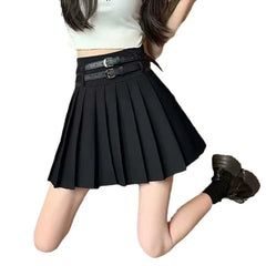 Hnewly Preppy Style Double Belt Pleated Skirt Women Fashion All Match High Waist Short Skirts Woman Summer Y2K Loose Basic Skirt Female
