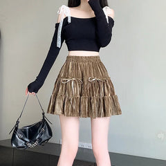 Hnewly Casual A Line Mini Kawaii Skirt Women Clothing High Waist Bow Black Faldas Largas Korean Style Harajuku Pleated Velvet Skirts