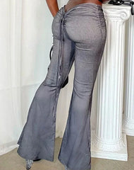 Hnewly Y2K Low Waist Flare Pants Women Drawstring Ruched Long Trousers Elastic Casual Streetwear Fashion Bandage Bottoms