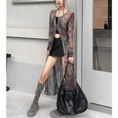 Hnewly American Retro Printing Gauze Lolita Summer New Patchwork V-neck Button Fashion Slim All-match Long Sleeved Chiffon Jacket