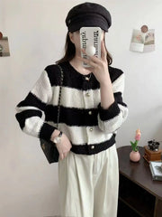 Hnewly Women's Acrylic Long Sleeve O-Neck Button-Down Striped Cropped Knit Cardigan Ladies Autumn Winter Korean Fashion Knitwear