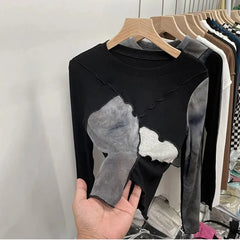 Hnewly Vintage Tie Dye Patchwork T Shirts Women Korean Chic Female Long Sleeve O Neck Tops Y2K Autumn Slim All Match Crop Tees Mujer