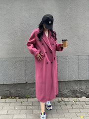 Hnewly Office Lady Suit Collar Long Woolen Jackets Winter Korean Style Double Breasted Long Loose Women 100% Wool Coats