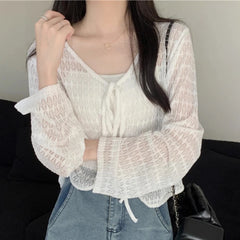 Hnewly Bow Front Cardigan for Women Petite Teen-girl Sheer Long Sleeve Tie-up Blouse Knit Top Beach Cover Up Y2K Fairycore Outfit