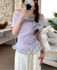 Hnewly T Shirts Women Plaid Patchwork Swinging Collar Off Shoulder Ruffles Short Sleeve Summer Fashion Sweet Tops Casual Tshirt