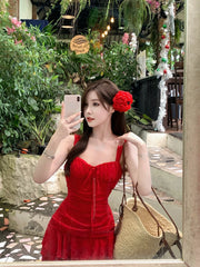 Hnewly Casual Beach Style Red Y2k Mini Dress Women Outwear Even Party Dress Korean Fashion Chic Sexy Bodycon Sleeveless Summer