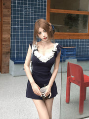 Hnewly 2000s Vintage Lace Patchwork Mini Dress Women Sexy Bow Lace-up Sleeveless Dress One Piece Korean Fashion Clothing Summer 2024