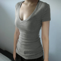 Hnewly Solid Slim-fitting Knitted Crop Top Micro-transparent T-shirt Smock Women Sexy Short Sleeve V-neck Tees Shirt Y2k Vintage