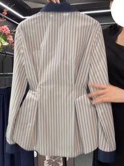 Hnewly Temperament waist cinching slimming blue striped shirt spring new fat MM fashion contrasting long sleeved shirt