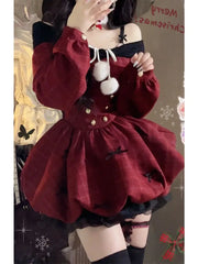 Hnewly DRESS TO IMPRESS Christmas Red Sweet Y2k Patchwork Women's Party Dress Slash Neck Long Sleeve Autumn Winter Ball Gown Dresses for Holiday