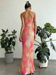Hnewly Strapless Twist Knot Pleated Gradient Floral Long Dress For Women Summer