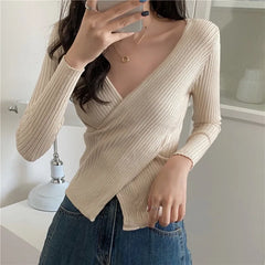 Hnewly Autumn Winter Knitwear Tops Fashion Female Long Sleeve Skinny Elastic Casual V-neck Knitted Shirts Women Pullover Sweaters