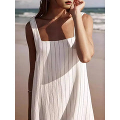 Hnewly Summer Striped White Dresses Loose Fit Sundress Square Neck Lazy Casual Beach Vacation Simple Long Dress