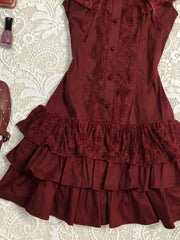 Lunivop Vintage Classic Lolita Burgundy Lace Stand Collar Flutter Sleeve Short Dress Elegant Waist Fit Harajuku Summer Streetwear Outfit