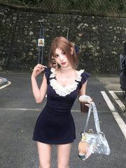 Hnewly 2000s Vintage Lace Patchwork Mini Dress Women Sexy Bow Lace-up Sleeveless Dress One Piece Korean Fashion Clothing Summer 2024