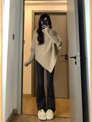 Hnewly High Neck Irregular Sweater Women's Autumn Winter Korean Version Loose Soft Knitted Top Elegant Long Sleeved Pullover