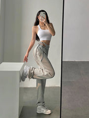 Hnewly European Retro Casual Style Solid Color High Waist Trend Women's Loose And Thin Harem Pants Fake Two-piece MJK8