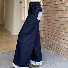 Hnewly Chic Dark-Blue Patchwork Jeans for Women Korean Letter Bowknot Embroidery Jeans Woman Spring Autumn High Waist Pants Female