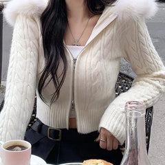 Hnewly trashy outfits Beige Furry Trim Hooded Cropped Sweater Cardigan Women Long Sleeve Zipper Outerwear Autumn Winter Coat Coquette Korean