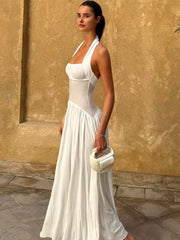 Hnewly Mesh Patchwork Maxi Dress Women Halter Backless Sleeveless Vacation Fashion Camping Ruched Elegant Classic Vestidos