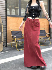 Hnewly Women's Red Split Back Denim Skirt Summer Chic Design Street Style Solid Color Female Straight Floor Length Long Skirts