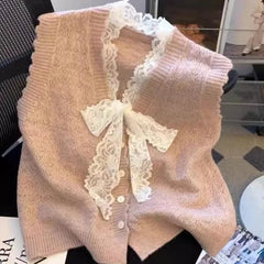 Hnewly Elegant Lace Bow Sweater Vest Women's 2025 New Spring Autumn Sleeveless V-neck Knitted Pullover Korean Version Versatile Top